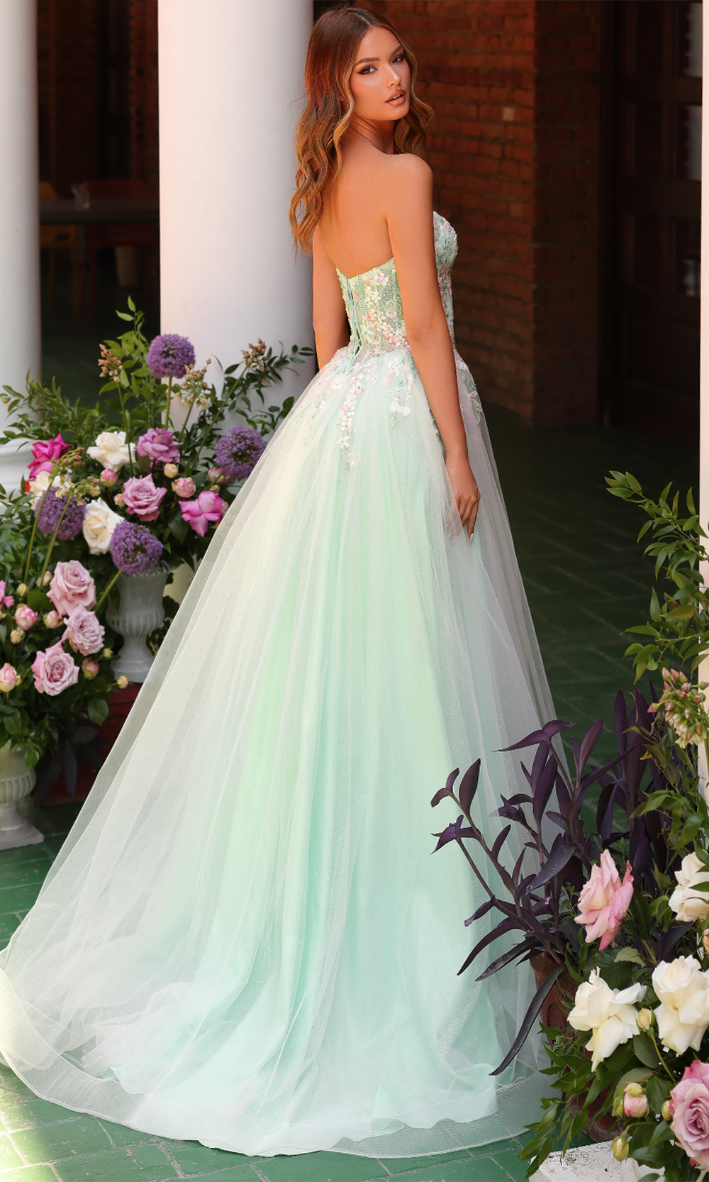 Clarisse 62135 Strapless Lace Corset Floor-Length Glitter Tulle Dress