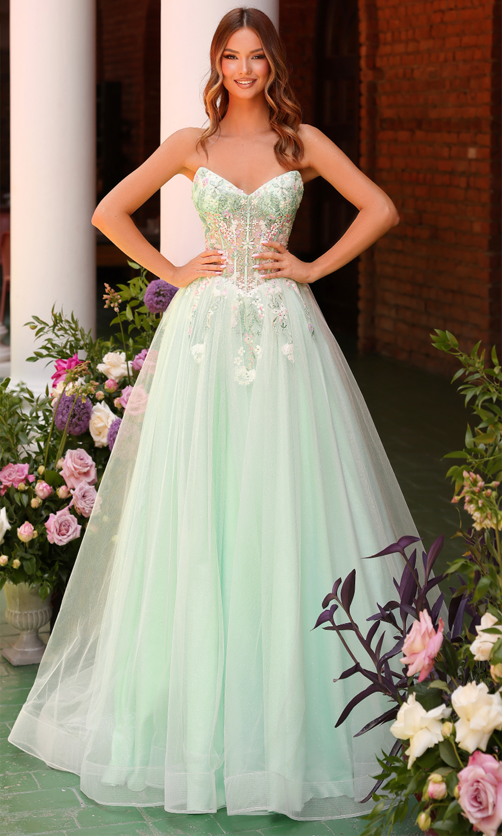 Clarisse 62135 Strapless Lace Corset Floor-Length Glitter Tulle Dress