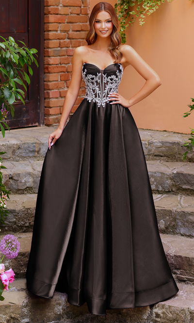 Clarisse 62140 Evening A-Line Strapless Beaded Floor-Length Satin Dress