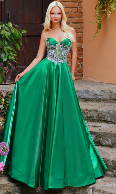 Clarisse 62140 Evening A-Line Strapless Beaded Floor-Length Satin Dress