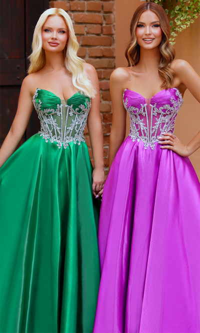 Clarisse 62140 Evening A-Line Strapless Beaded Floor-Length Satin Dress