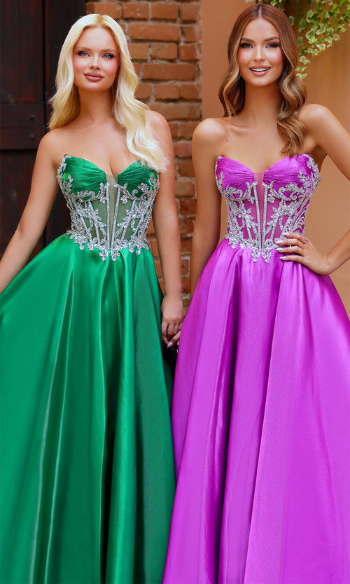 Clarisse 62140 Evening A-Line Strapless Beaded Floor-Length Satin Dress
