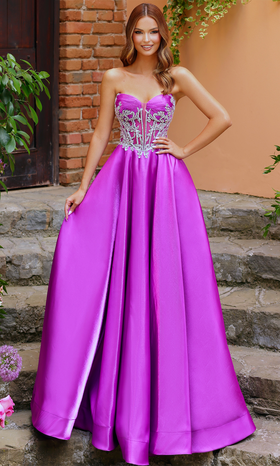 Clarisse 62140 Evening A-Line Strapless Beaded Floor-Length Satin Dress