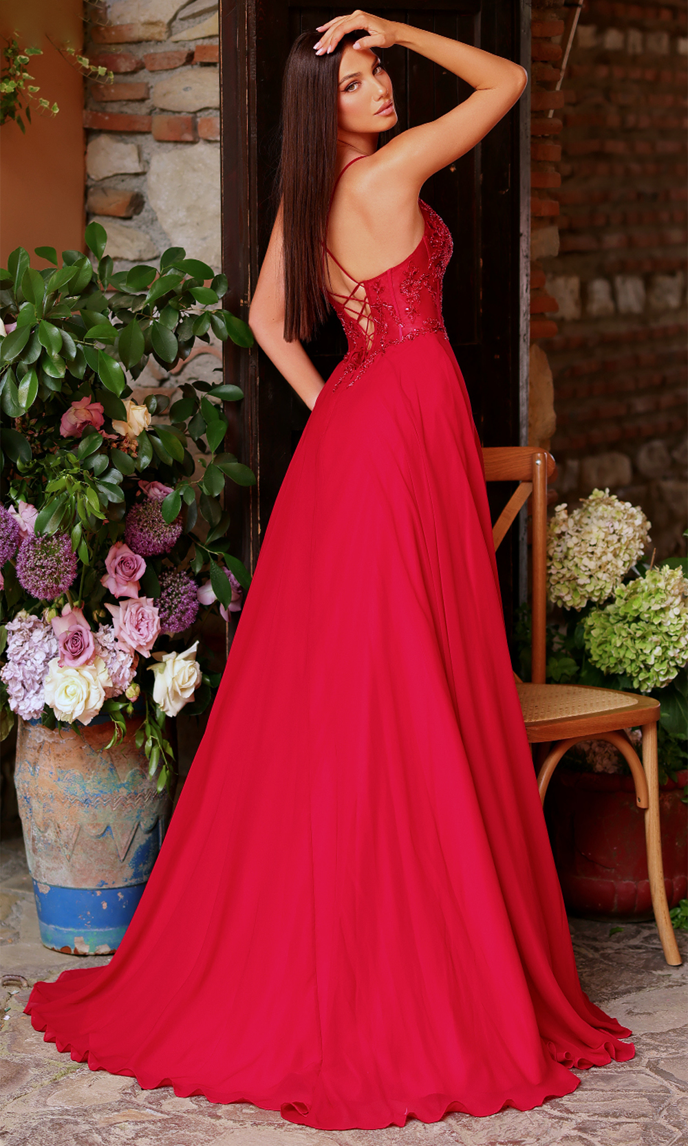 Clarisse 62146 Evening A-Line Beaded Lace Floor-Length Chiffon Dress