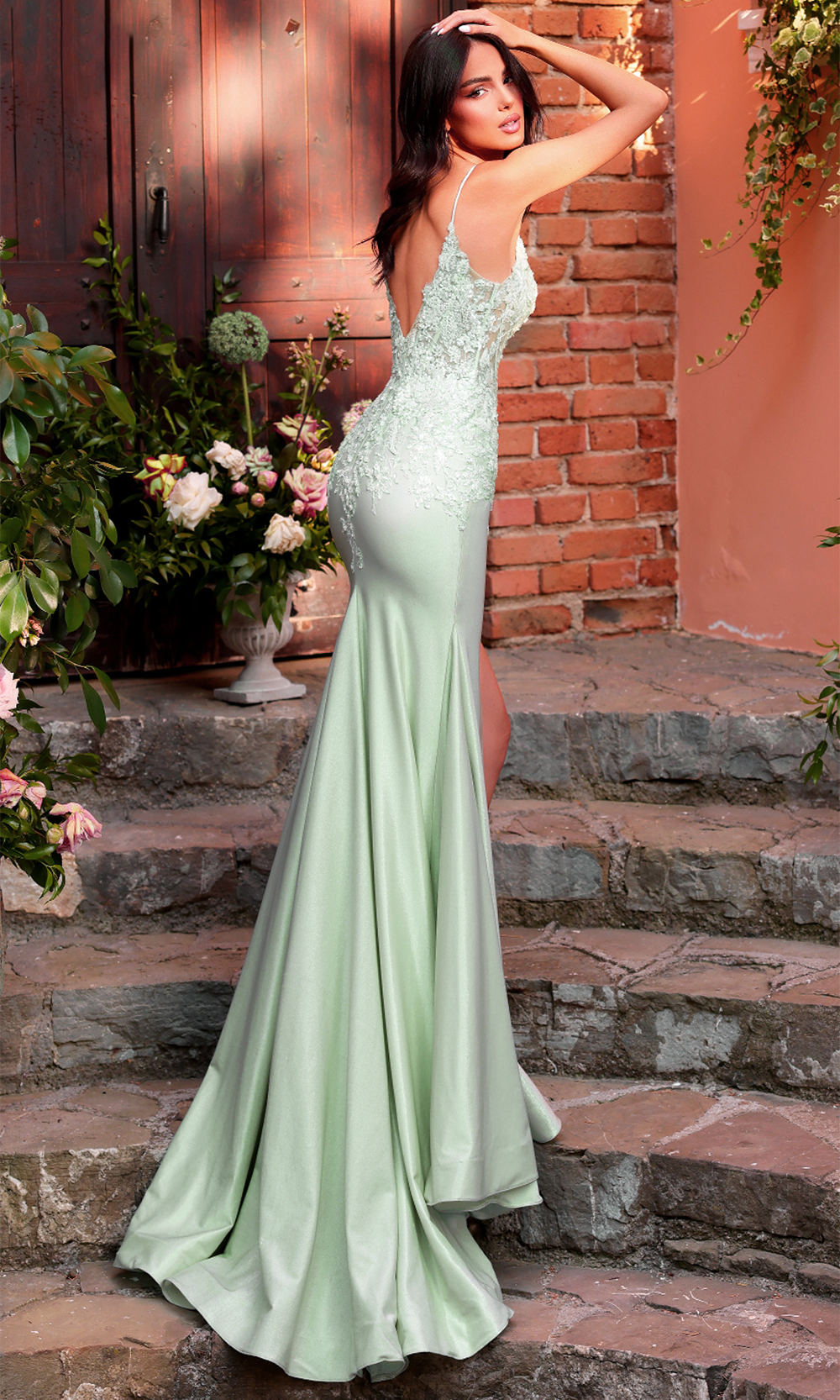 Clarisse 62160 Prom Sheath V-Neck Beaded Limited Floor-Length Lace Dress
