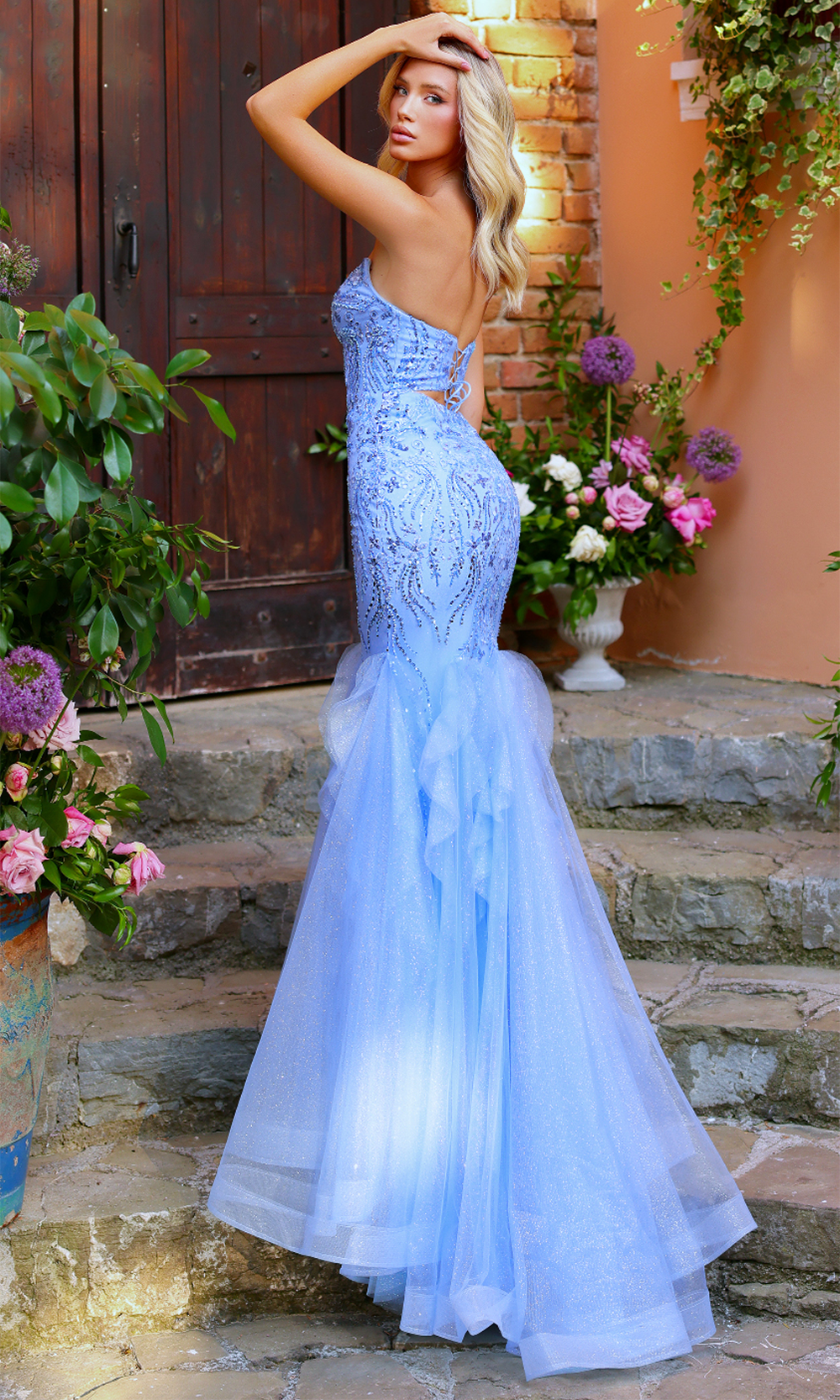 Clarisse 62258 Mermaid Strapless Beaded Lace Floor-Length Glitter Tulle Dress