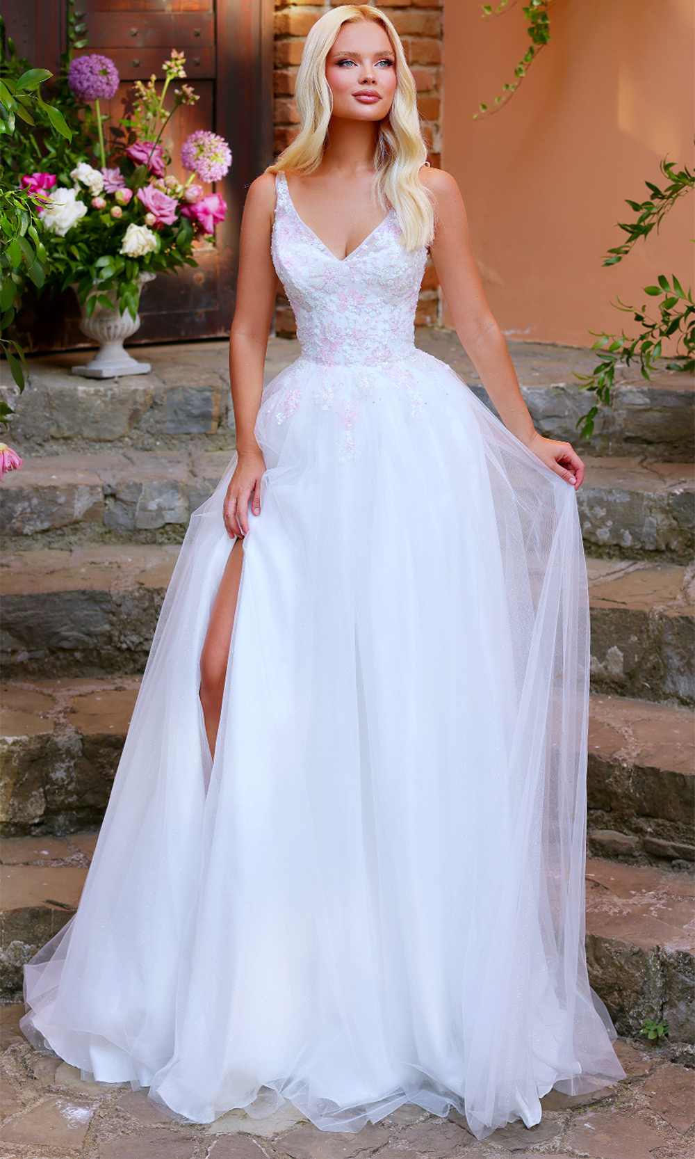Clarisse 62314 Prom A-Line V-Neck Beaded One-Of-A-Kind Floor-Length Lace Dress