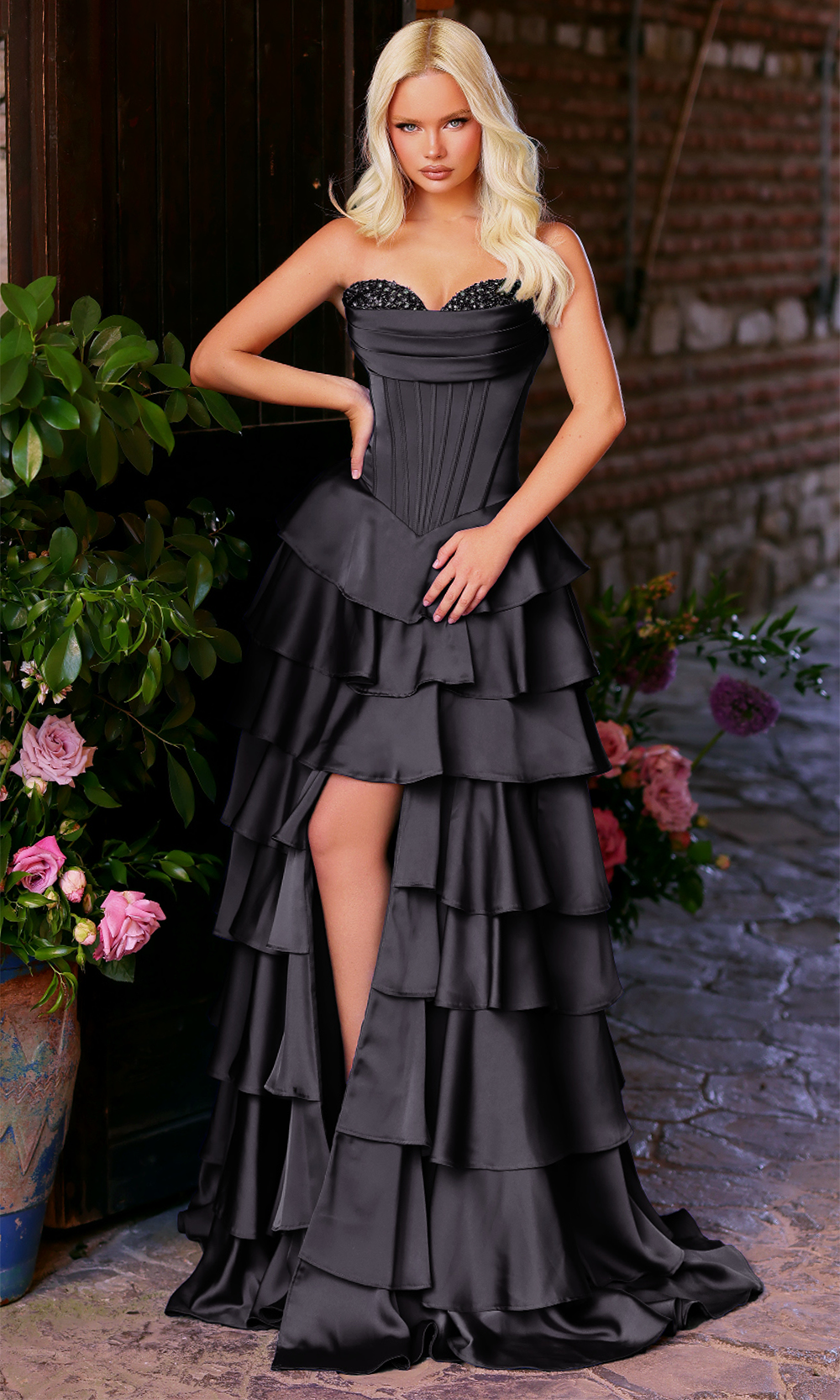 Clarisse 62330 Evening A-Line Strapless Beaded Floor-Length Lace Dress
