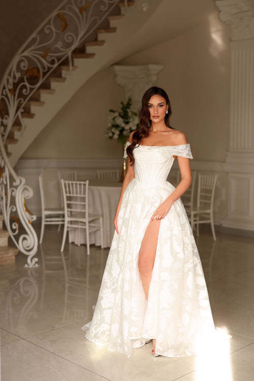 Off-White Floral Jacquard Wedding Dress with Detachable Off-Shoulder Straps by Tina Holly TW623