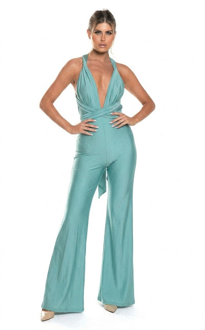 Backless Halter Wide-Leg Plunge-Neck Evening Jumpsuit with Crisscross Back by Jessica Angel 849