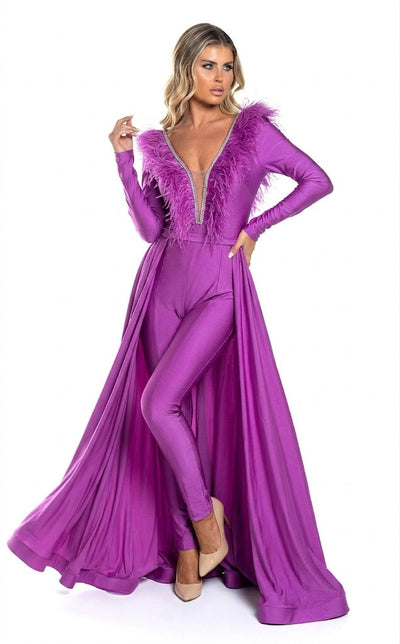 Feather Trim Long Sleeve Jumpsuit Gown with Deep V-Neck & Flowing Overskirt by Jessica Angel 864