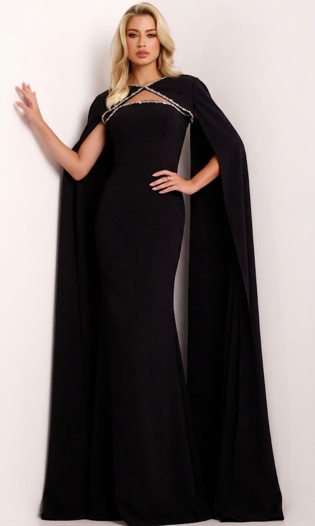 Jovani 44184 - Elegant Strapless Beaded Evening Gown with Cape