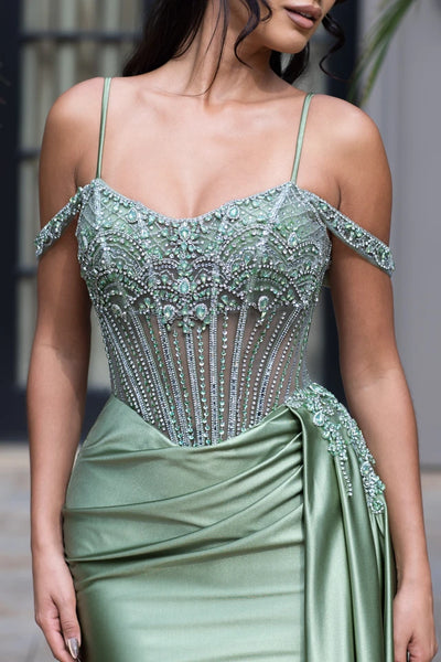 Off-Shoulder Beaded Corset Dress with Slit Satin Draped Train Evening Gown by Lenovia 8438