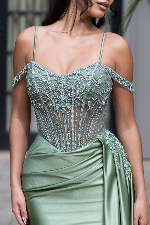 Off-Shoulder Beaded Corset Dress with Slit Satin Draped Train Evening Gown by Lenovia 8438