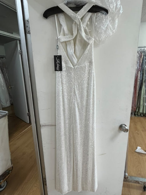 Clearance White Size 4 Sequin Wide Leg Jumpsuit with Criss Cross Open Back By La Femme 28719