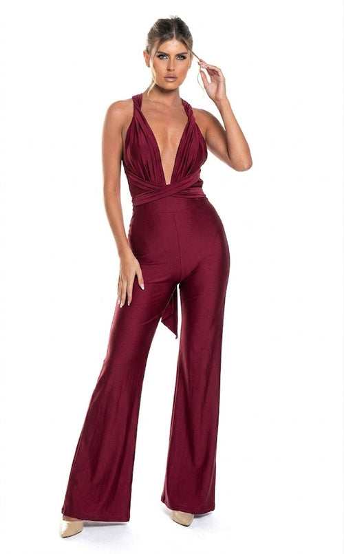 Backless Halter Wide-Leg Plunge-Neck Evening Jumpsuit with Crisscross Back by Jessica Angel 849