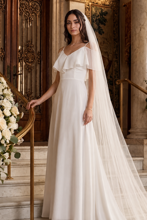 Cold-Shoulder Chiffon Wedding Gown with Ruffle Bodice by Eva USA 3263
