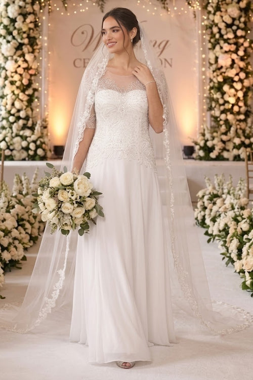 White Beaded Lace Bridal Gown with Sheer Sleeves and Flowing Chiffon Skirt By Eva USA 5222