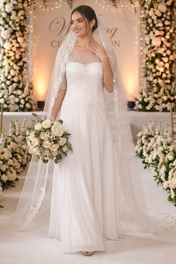White Beaded Lace Bridal Gown with Sheer Sleeves and Flowing Chiffon Skirt By Eva USA 5222