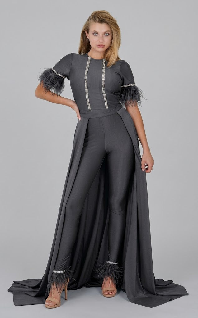 Feather Short Sleeve Convertible Formal Jumpsuit with Overskirt by Jessica Angel 917