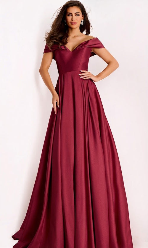 Satin Off Shoulder A-Line Evening Gown by Jovani 43279