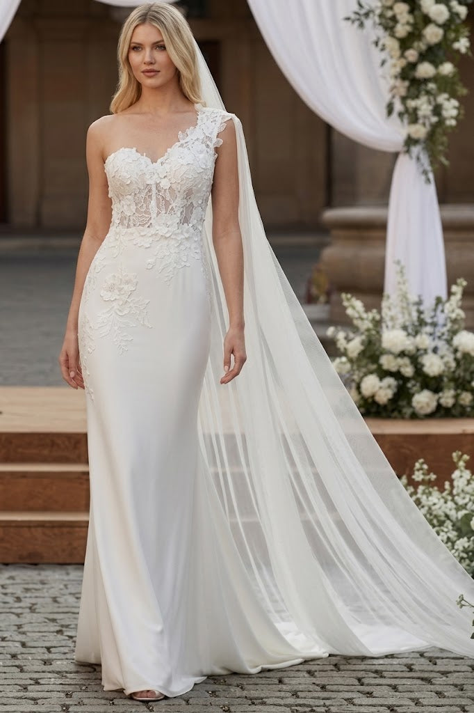 Elegant One-Shoulder Lace Wedding Dress with Chiffon Cape – Floral Appliqué Mermaid Bridal Gown by Amelia Couture 388