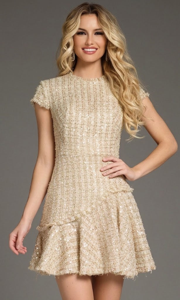 Jovani 44192 - Cap Sleeve Tweed Sequin Dress