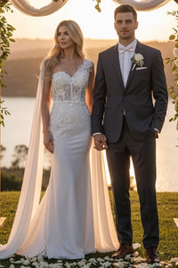 Elegant One-Shoulder Lace Wedding Dress with Chiffon Cape – Floral Appliqué Mermaid Bridal Gown by Amelia Couture 388