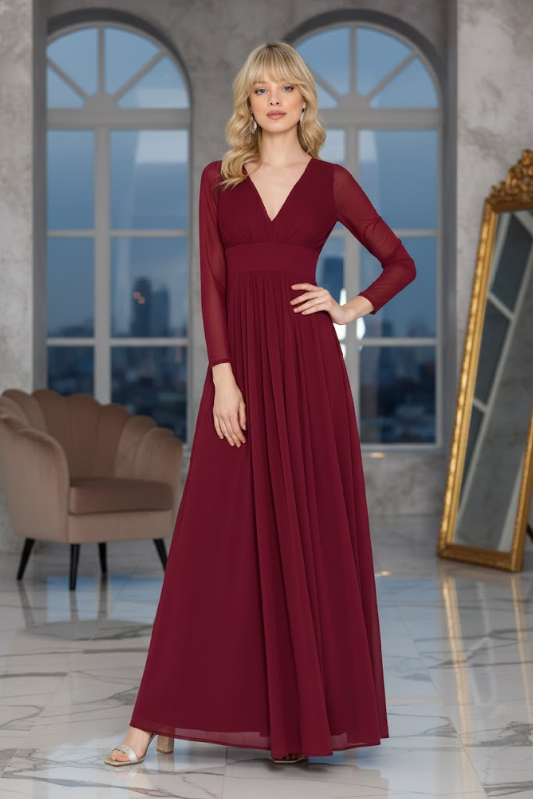 Mauve Bridesmaid Dresses-Inexpensive Lenovia 5234 Long Sleeve Sheer
