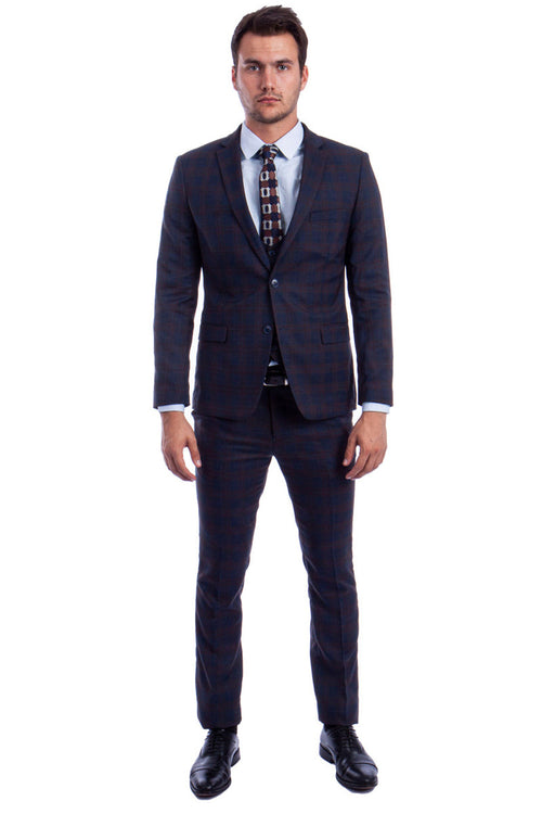 Traje ajustado de dos botones con chaleco de corte bajo para hombre en cuadros azules y marrones