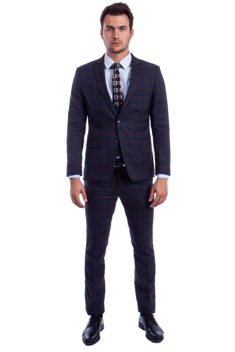 Traje ajustado de dos botones con chaleco de corte bajo para hombre en cuadros azules y marrones