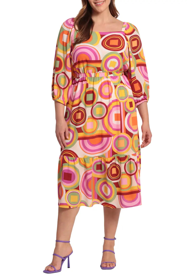 Donna Morgan D8417M Cream Orange Abstract Print 3/4 Sleeve Midi Dress