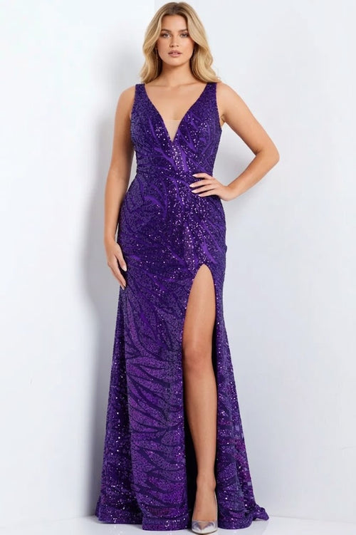Sequin Gown with Plunging V-Neck Open Back & High Slit Floor Length Formal Dress by Jovani 47682