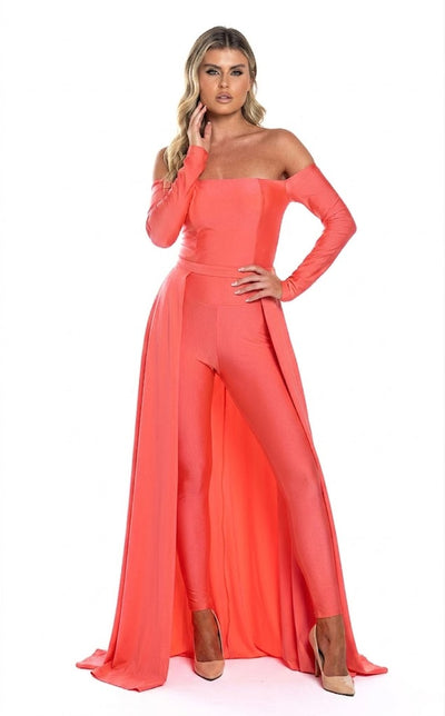 Off Shoulder Long-Sleeve Evening Jumpsuit with Open Lace-Up Back by Jessica Angel 877