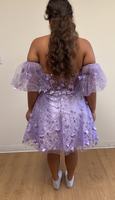 Vestido corto de cóctel con purpurina floral 3D transparente May Queen MQ2036