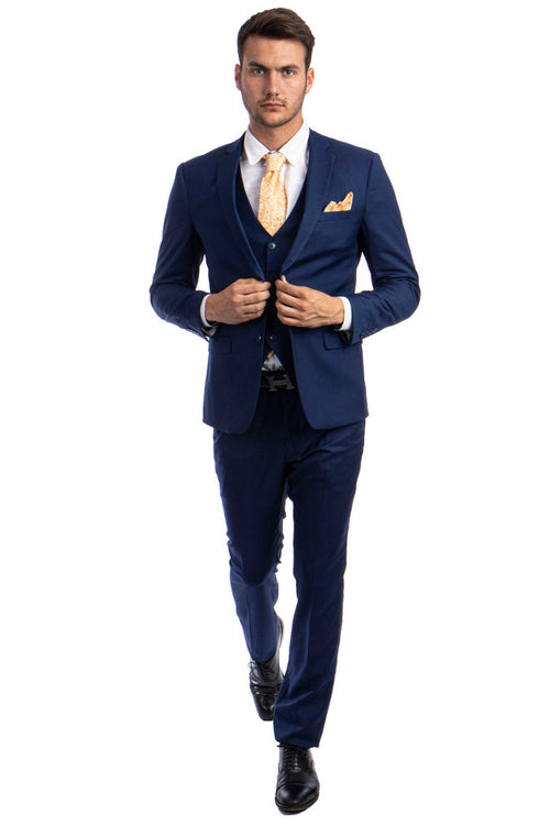 Traje básico liso de dos botones para hombre, corte entallado, con chaleco, en azul índigo