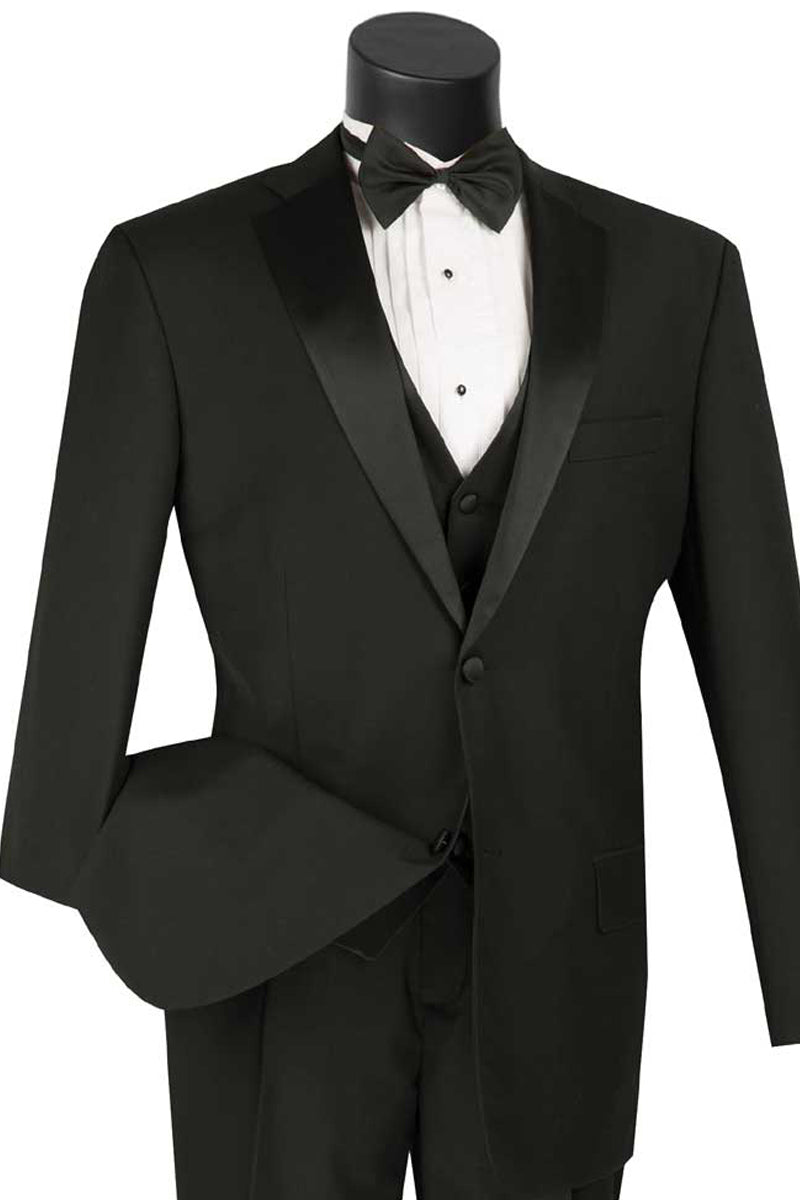 Esmoquin clásico de dos botones con chaleco para hombre en negro