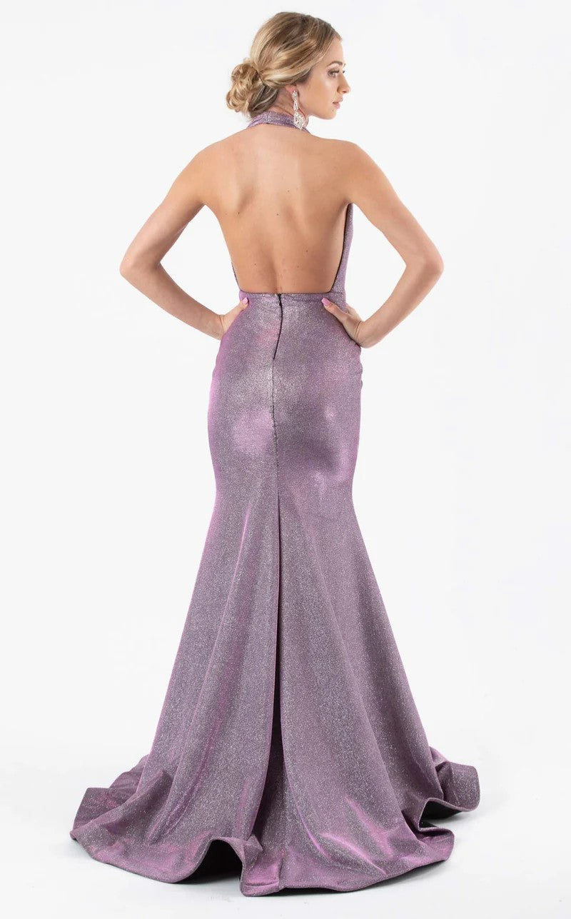 Jessica Angel JA700 Plunging Halter Mermaid Draped Train Sparkle Scuba Dress
