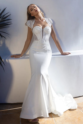 Off-White Strapless Sweetheart Mermaid Wedding Dress with Lace Cap Sleeve Jacket by Lenovia 8508