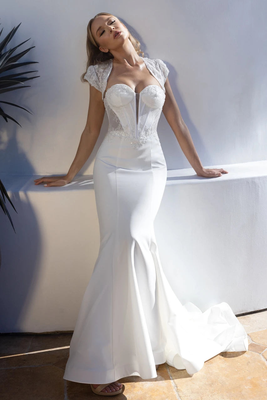 Off-White Strapless Sweetheart Mermaid Wedding Dress with Lace Cap Sleeve Jacket by Lenovia 8508