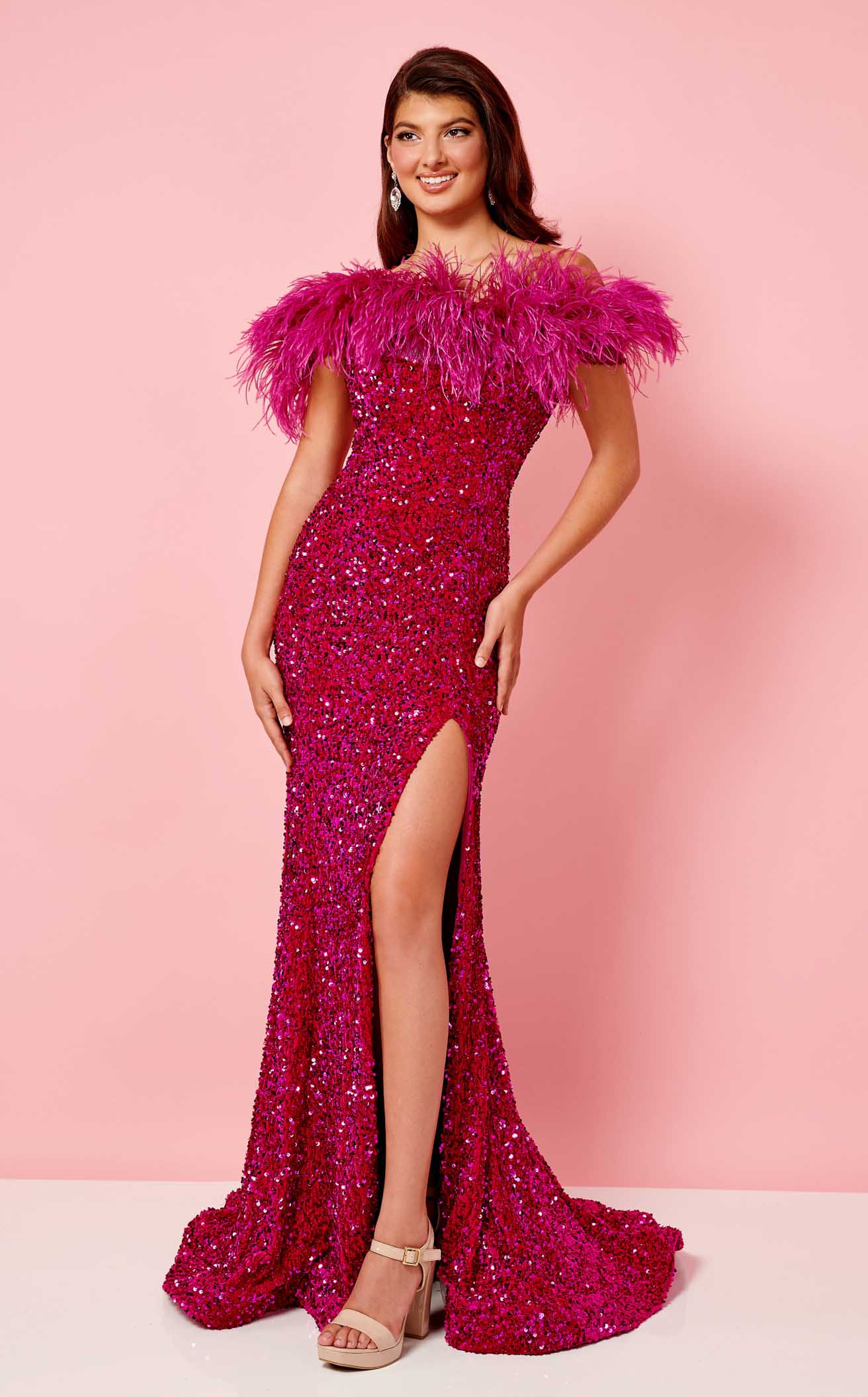 pink off the shoulder sequin dress Off-Shoulder Sequin Gown by Rachel Allan 70280