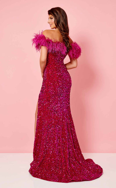Feather Off-Shoulder Sequin Sheath Evening Gown with High Slit Prom Dress by Rachel Allan 70280