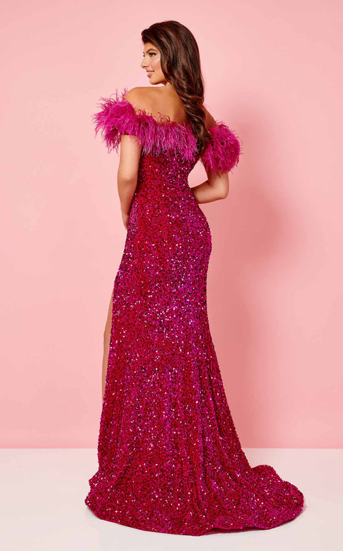 Feather Off-Shoulder Sequin Sheath Evening Gown with High Slit Prom Dress by Rachel Allan 70280