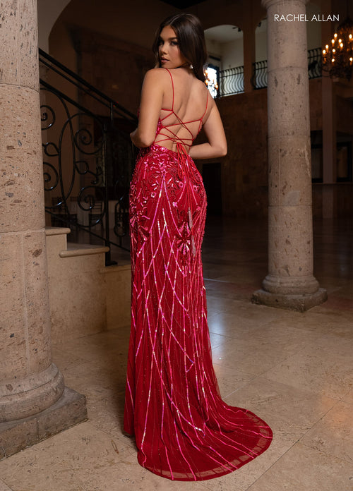 Rachel Allan 70523 Bead Print V-Neck Slit Gown