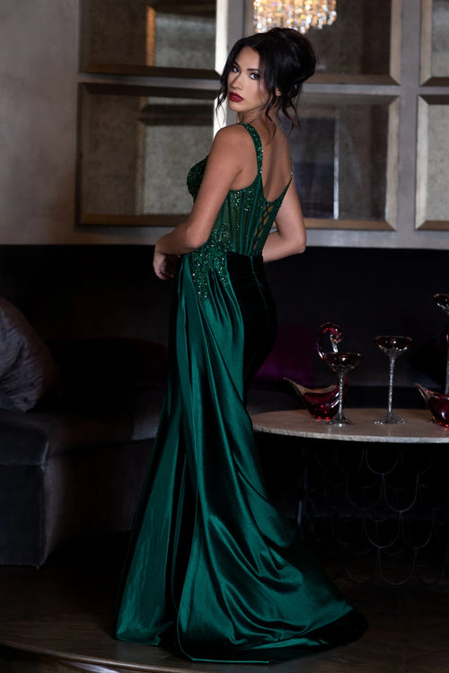 Sleeveless Beaded Corset Dress Long Satin Evening Gown with High Slit & Side Train by Lenovia 8478