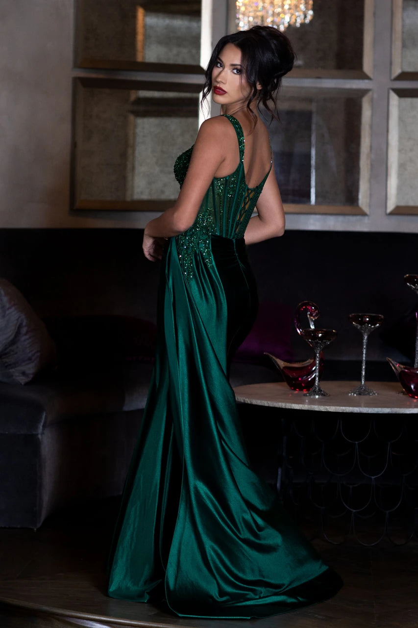 Off-White Sleeveless Corset Satin Wedding Dress with Side Drape Train & Lace-Up Back by Lenovia 8478
