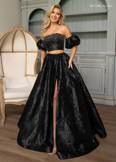Rachel Allan 70707 Jacquard 2-Piece Puff Sleeve Gown