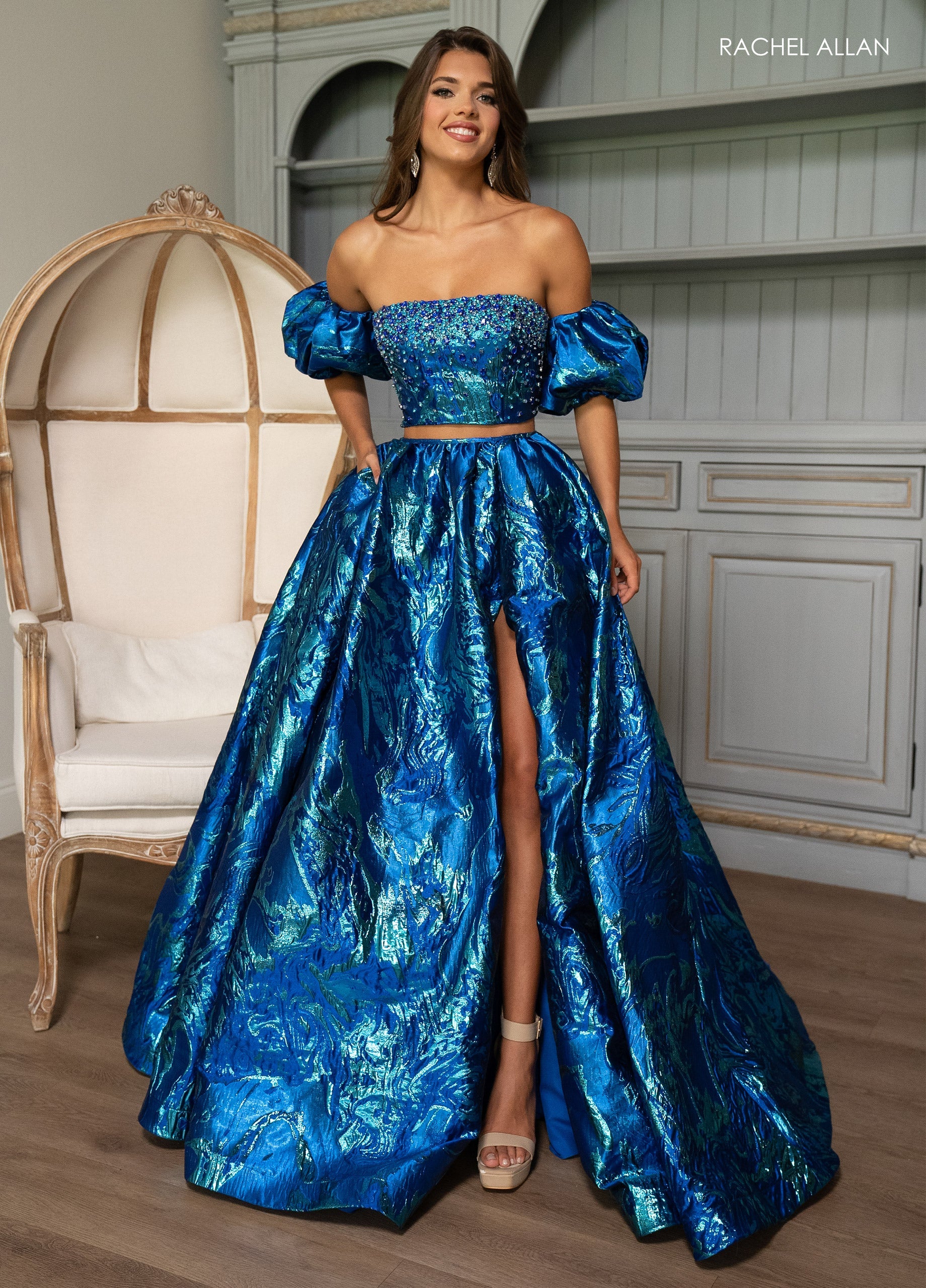 Rachel Allan 70707 Jacquard 2-Piece Puff Sleeve Gown