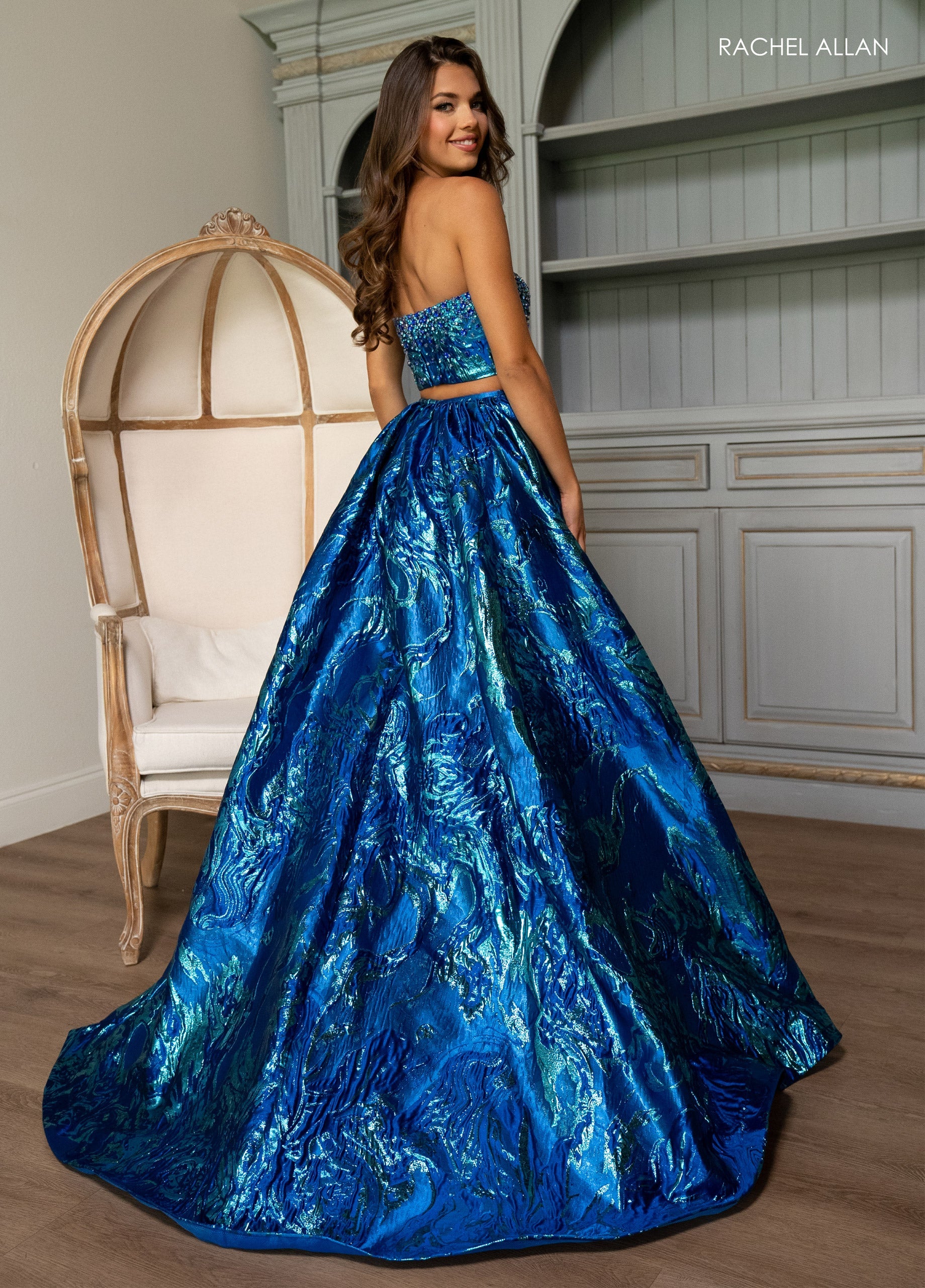 Rachel Allan 70707 Jacquard 2-Piece Puff Sleeve Gown