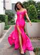 Rachel Allan 70712 Satin Fitted Off Shoulder Slit Gown